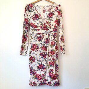 NEW NWT MEAVEOR Beige White Red Blue Floral Polka Dot Faux Wrap Dress Medium M